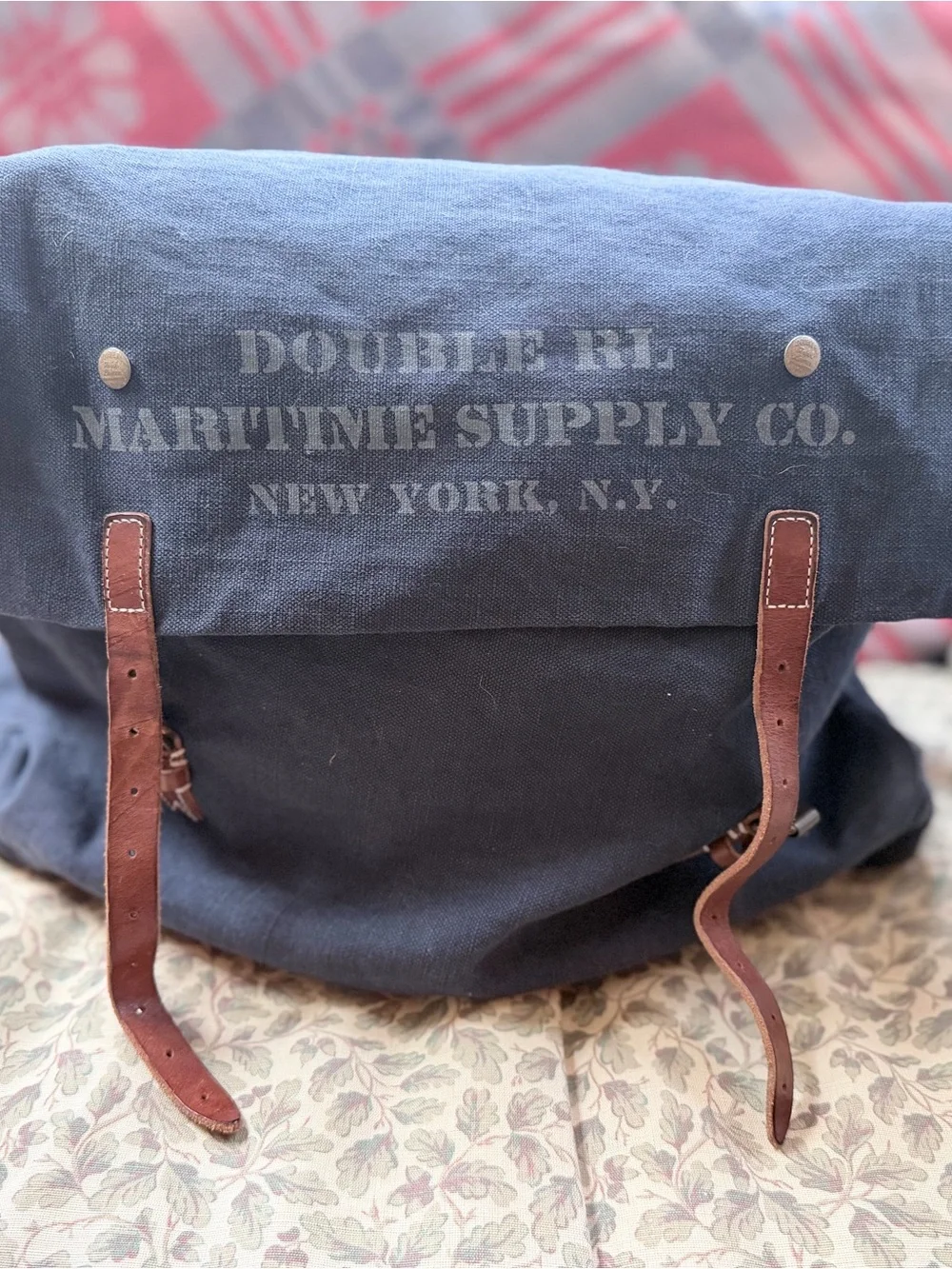 Ralph Lauren Double RL Navy Canvas Messenger Bag with Brown Leather Straps